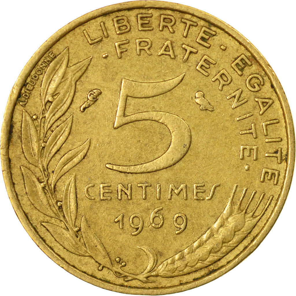Moneda, Francia, Marianne, 5 Centimes, 1969, Paris, BC+, Aluminio - bronce