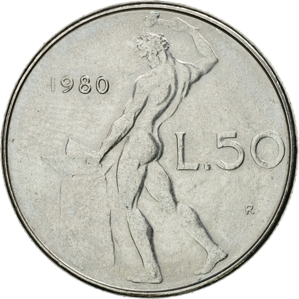 Coin, Italy, 50 Lire, 1980, Rome, MS(63), Stainless Steel, KM:95.1