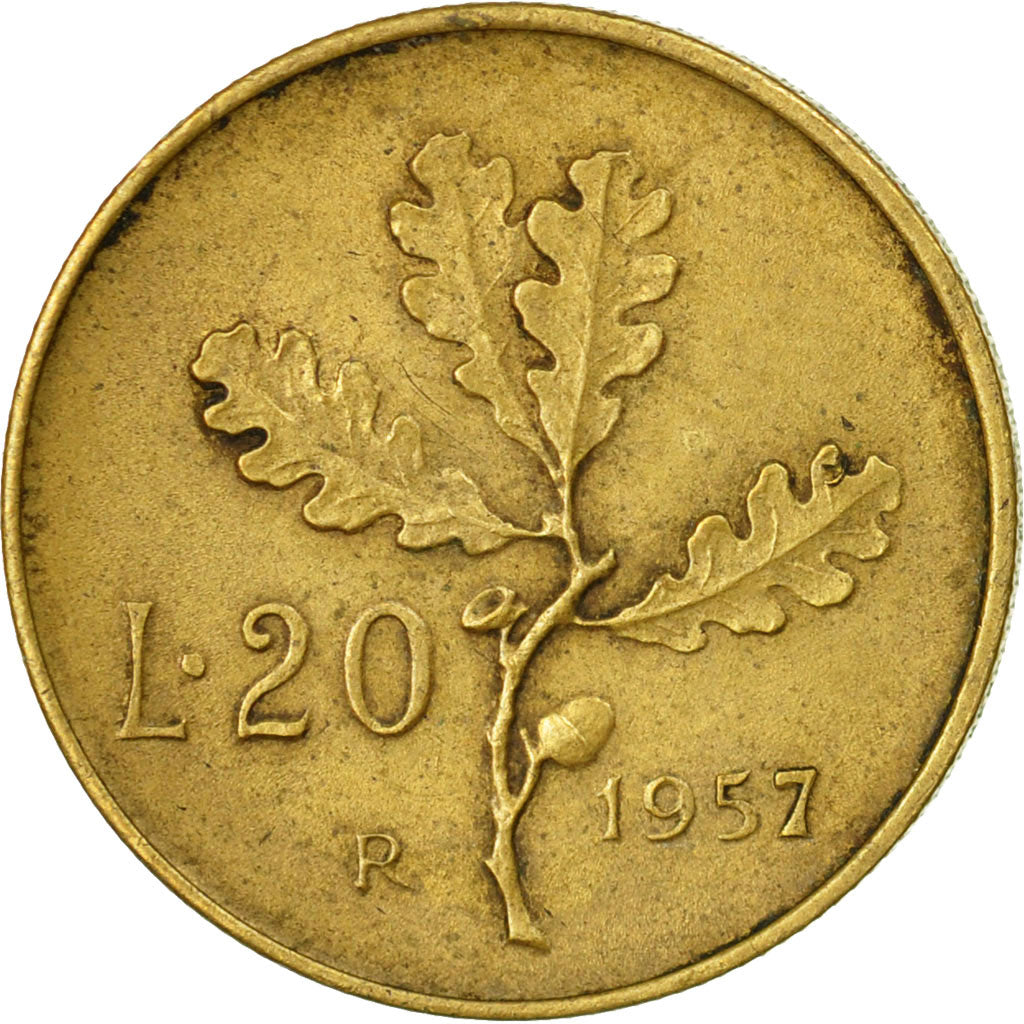 Coin, Italy, 20 Lire, 1957, Rome, VF(20-25), Aluminum-Bronze, KM:97.1