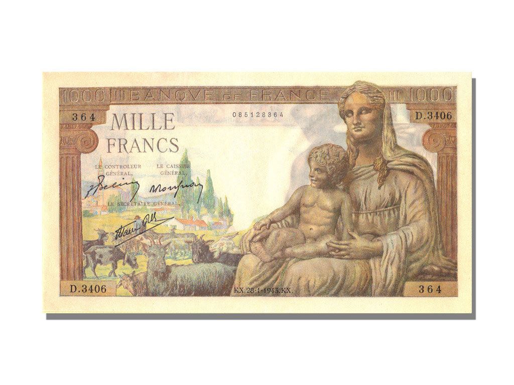 France, 1000 Francs, 1 000 F 1942-1943 ''Déesse Déméter'', 1943, KM #102, 194...