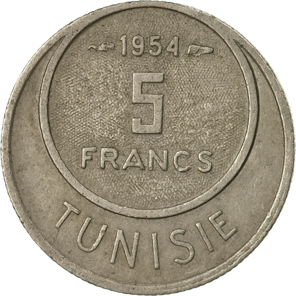 Moneta, Tunisia, Muhammad al-Amin Bey, 5 Francs, 1954, Paris, VF(30-35)
