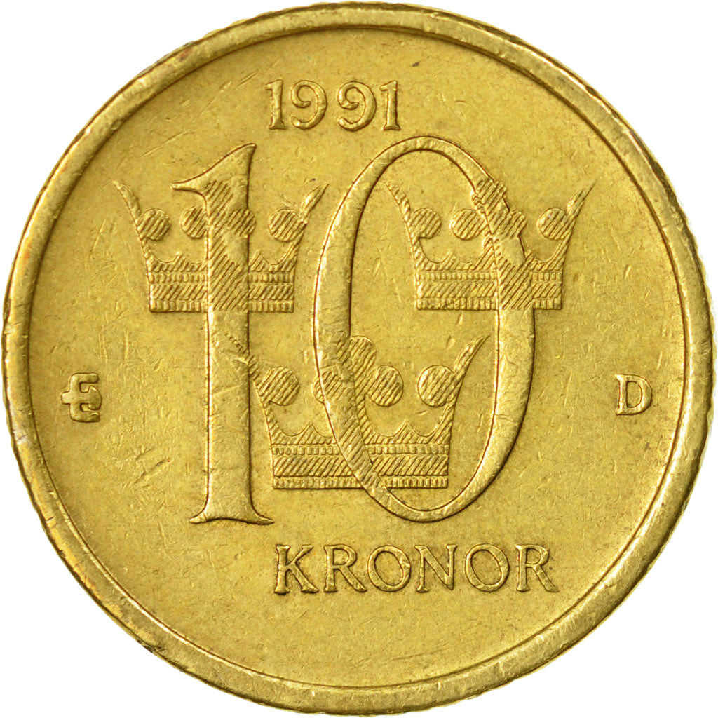 Coin, Sweden, Carl XVI Gustaf, 10 Kronor, 1991, EF(40-45), Copper-Aluminum-Zinc