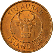 Coin, Iceland, 10 Aurar, 1981, AU(50-53), Bronze, KM:25