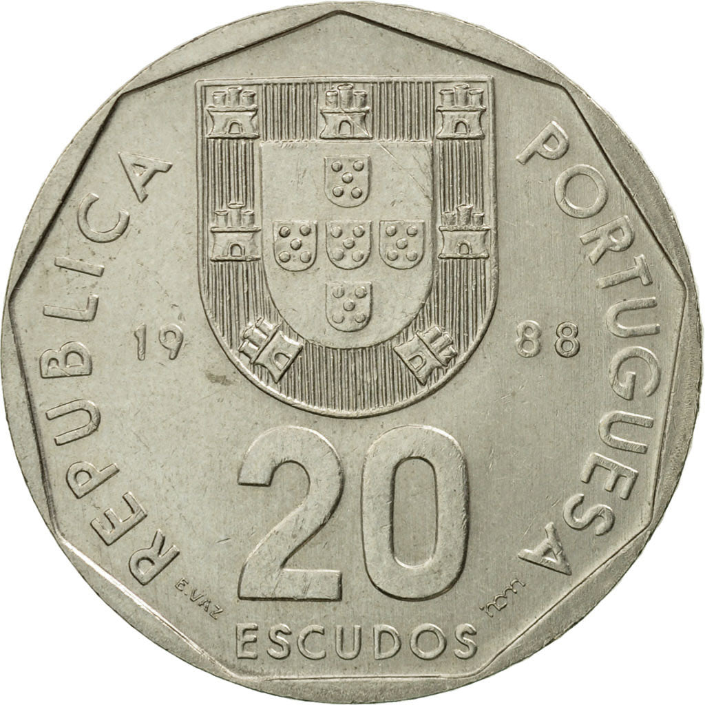 Coin, Portugal, 20 Escudos, 1988, Lisbon, AU(55-58), Copper-nickel, KM:634.1