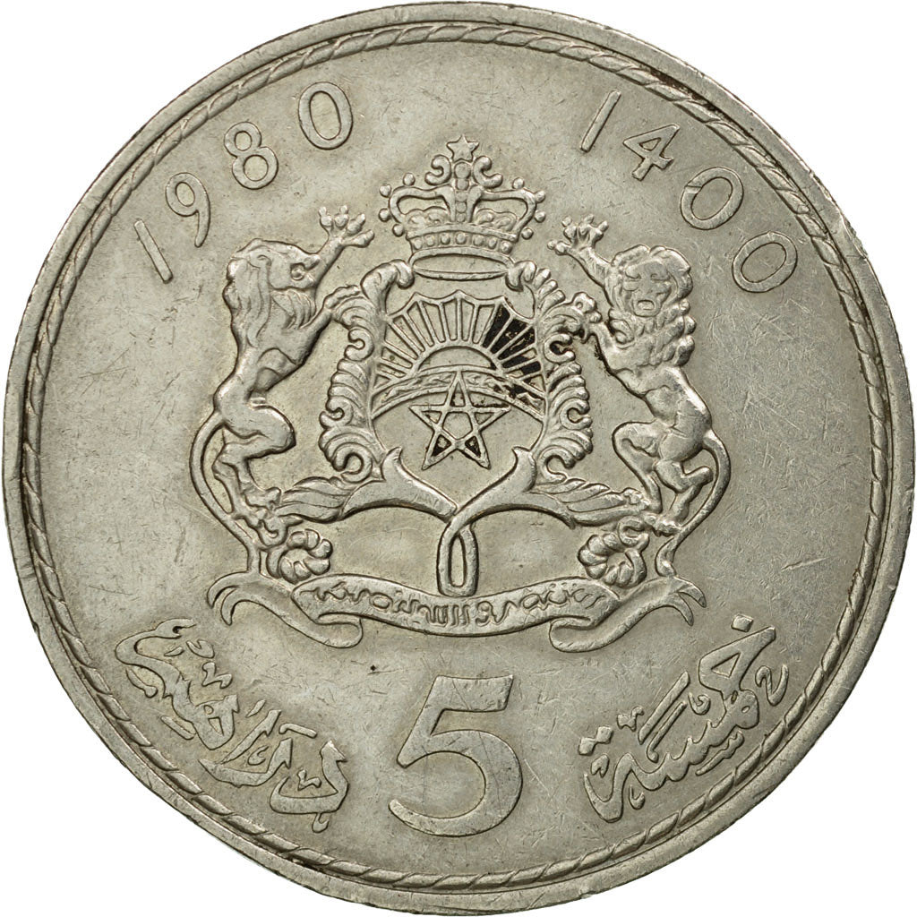 Coin, Morocco, al-Hassan II, 5 Dirhams, 1980, Paris, EF(40-45), Copper-nickel