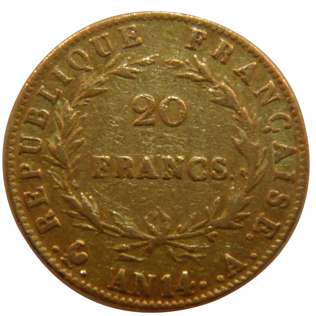 FRANCE, Napoléon I, 20 Francs, 1805, Paris, VF(30-35), Gold, Gadoury #1022, 6.40