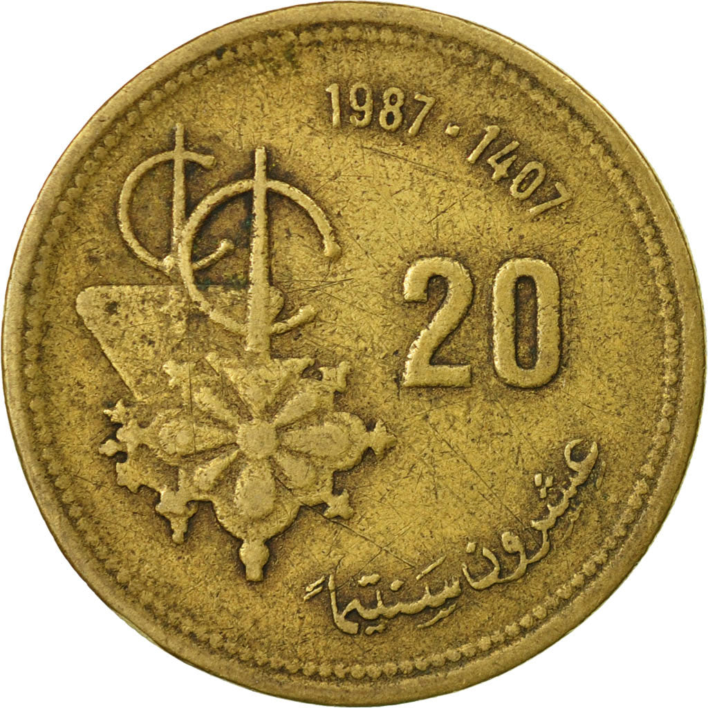 Coin, Morocco, al-Hassan II, 20 Santimat, 1987/AH1407, Paris, VF(20-25)