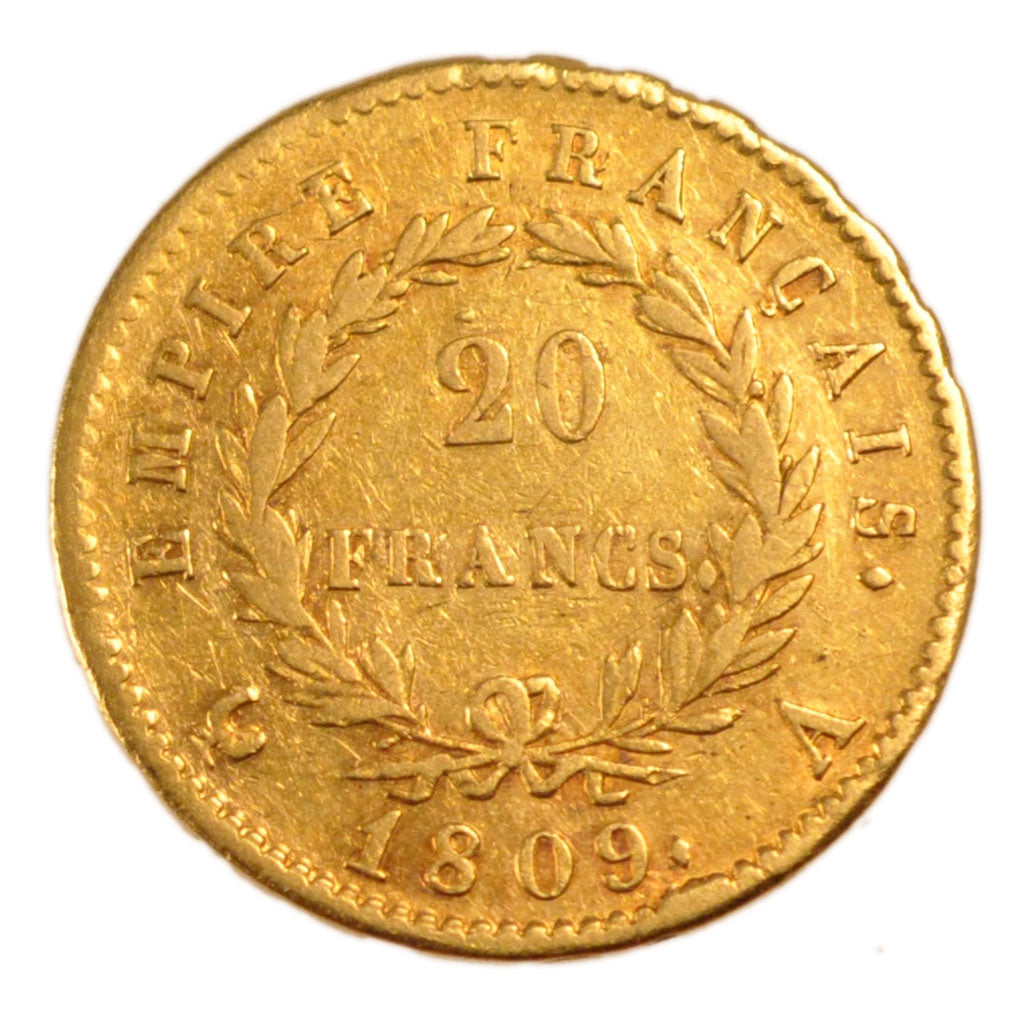 FRANCE, Napoléon I, 20 Francs, 1809, Paris, KM #695.1, VF(30-35), Gold, Gadoury 