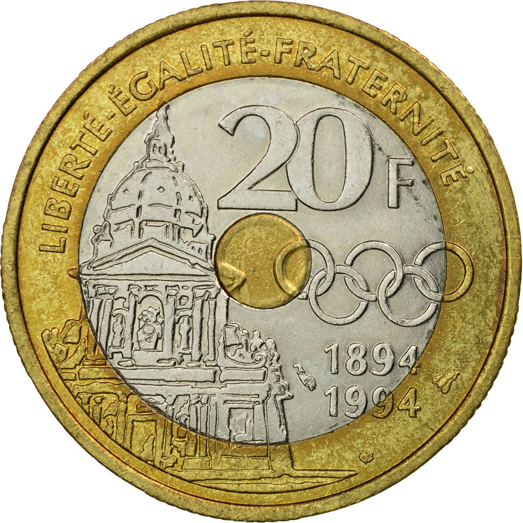 Moneda, Francia, Pierre de Coubertin, 20 Francs, 1994, Paris, MBC, Trimetálico