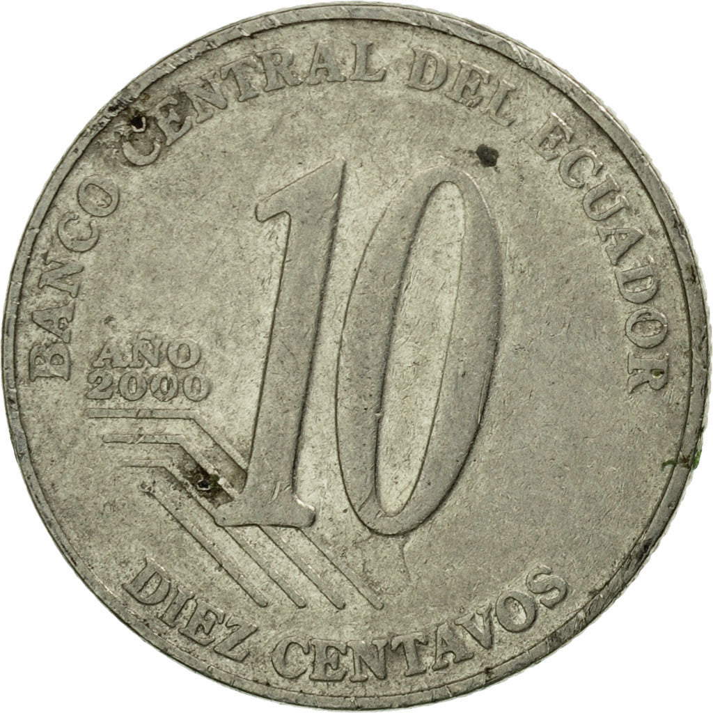 Moneda, Ecuador, 10 Centavos, Diez, 2000, BC+, Acero, KM:106
