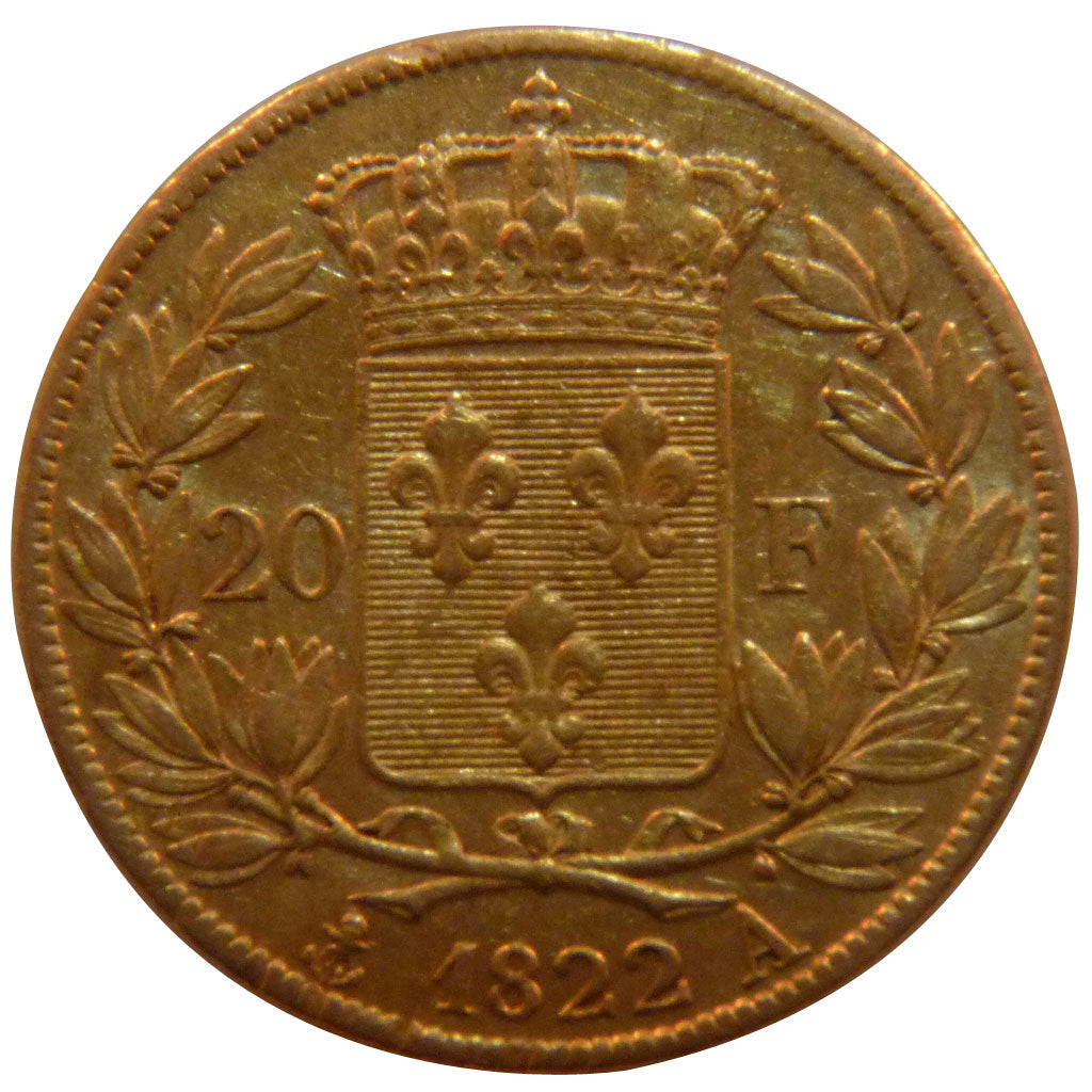 FRANCE, Louis XVIII, 20 Francs, 1822, Paris, EF(40-45), Gold, Gadoury #1028,...