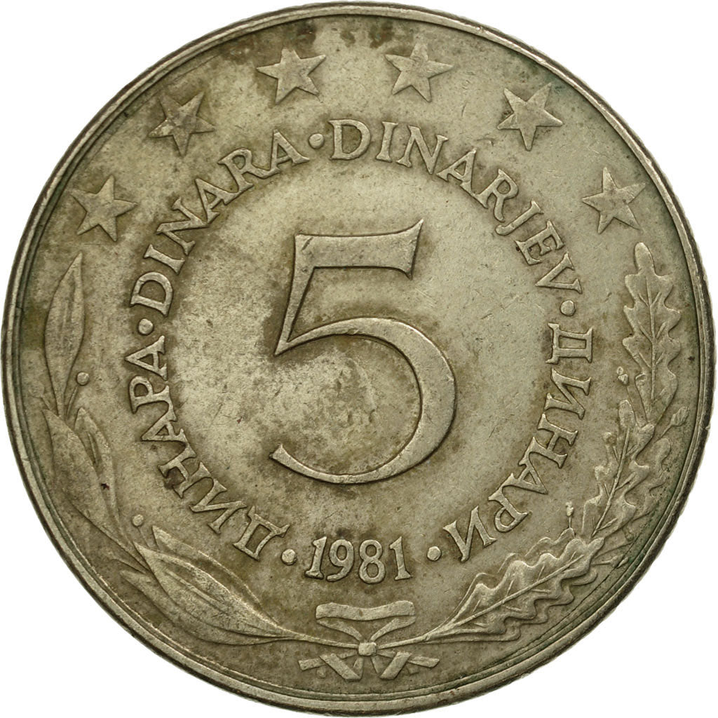 Moneta, Iugoslavia, 5 Dinara, 1981, MB, Rame-nichel-zinco, KM:58