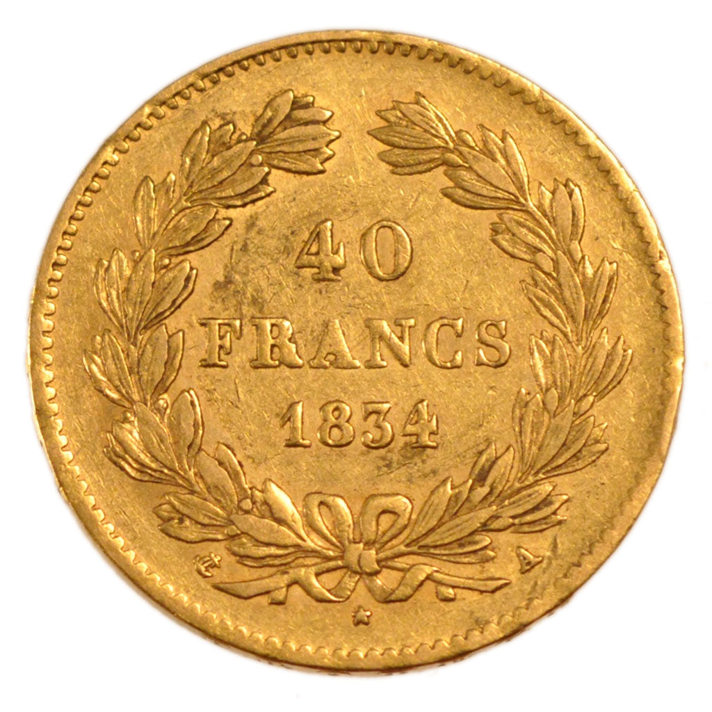 FRANCE, Louis-Philippe, 40 Francs, 1834, Paris, EF(40-45), Gold, Gadoury #1106,.