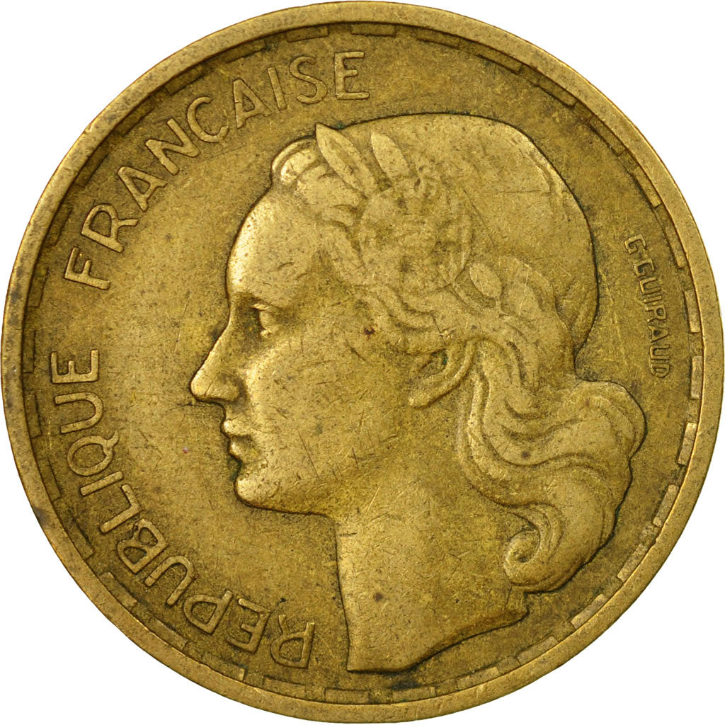 Moneda, Francia, Guiraud, 20 Francs, 1950, Beaumont - Le Roger, MBC, Aluminio -