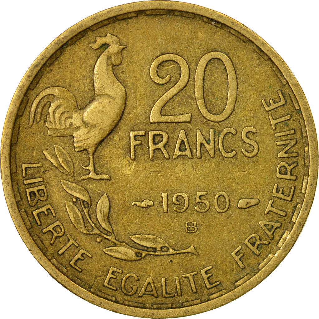 Moneda, Francia, Guiraud, 20 Francs, 1950, Beaumont - Le Roger, MBC, Aluminio -