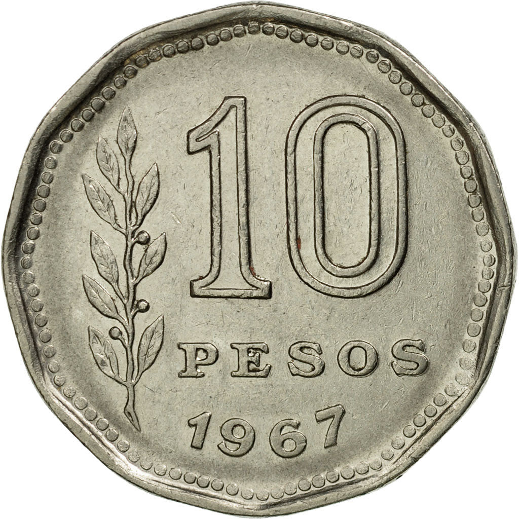Moneta, Argentina, 10 Pesos, 1967, BB, Acciaio ricoperto in nichel, KM:60