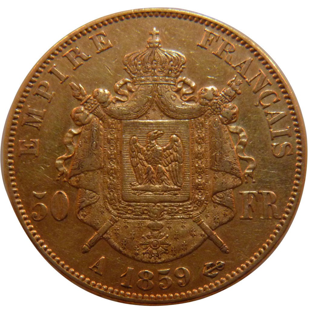 FRANCE, Napoléon III, 50 Francs, 1859, Paris, KM #785.1, AU(50-53), Gold, Gadour
