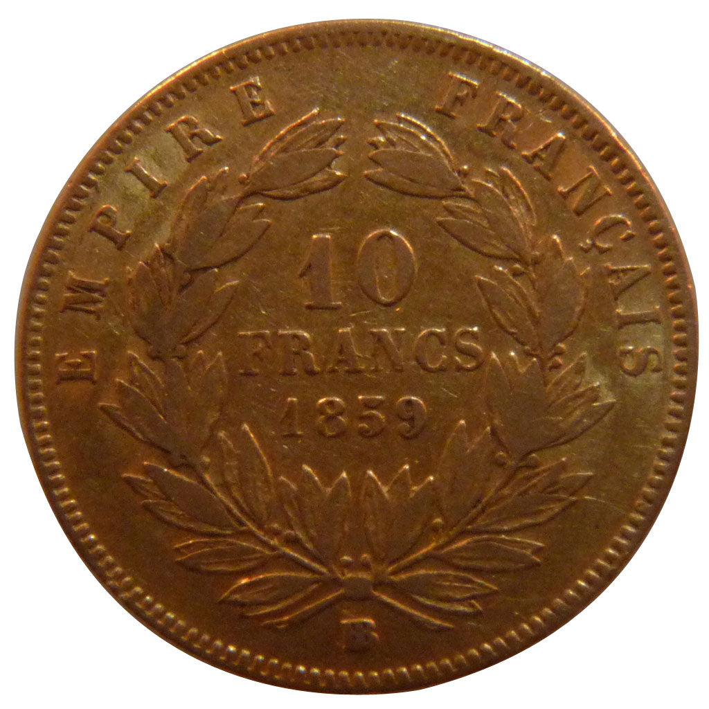 FRANCE, Napoléon III, 10 Francs, 1859, Strasbourg, EF(40-45), Gold, Gadoury #...