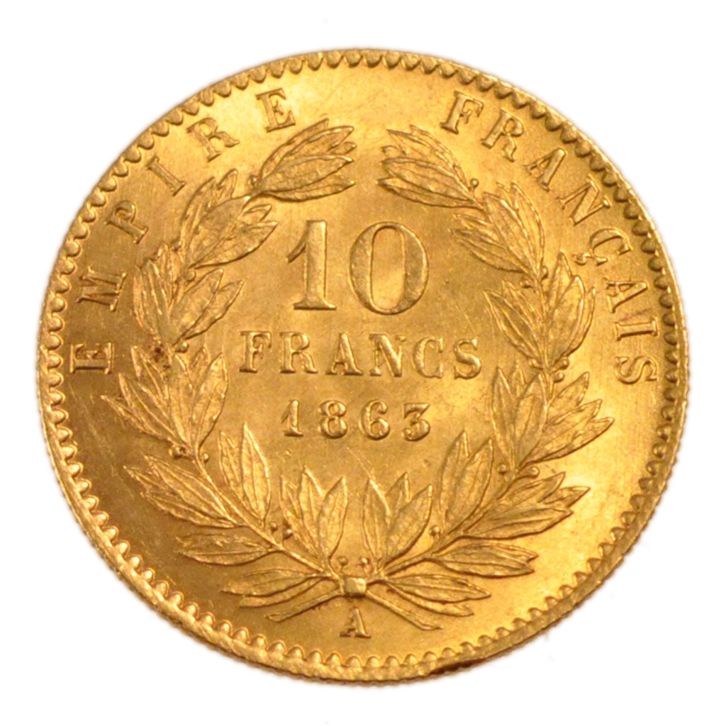 FRANCE, Napoléon III, 10 Francs, 1863, Paris, AU(55-58), Gold, Gadoury #1015, 3.