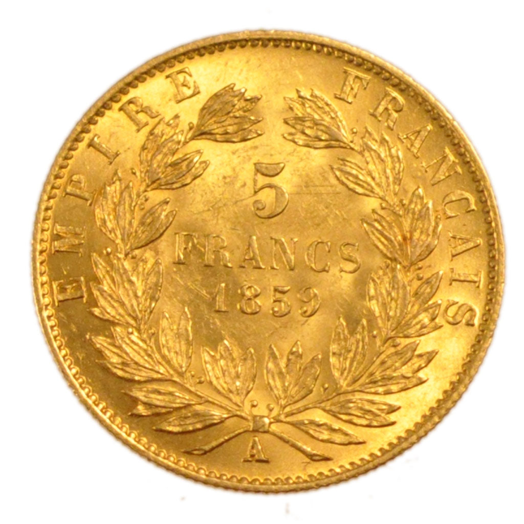 FRANCE, 5 Francs, 1859, Paris, AU(55-58), Gold, Gadoury #1001, 1.60