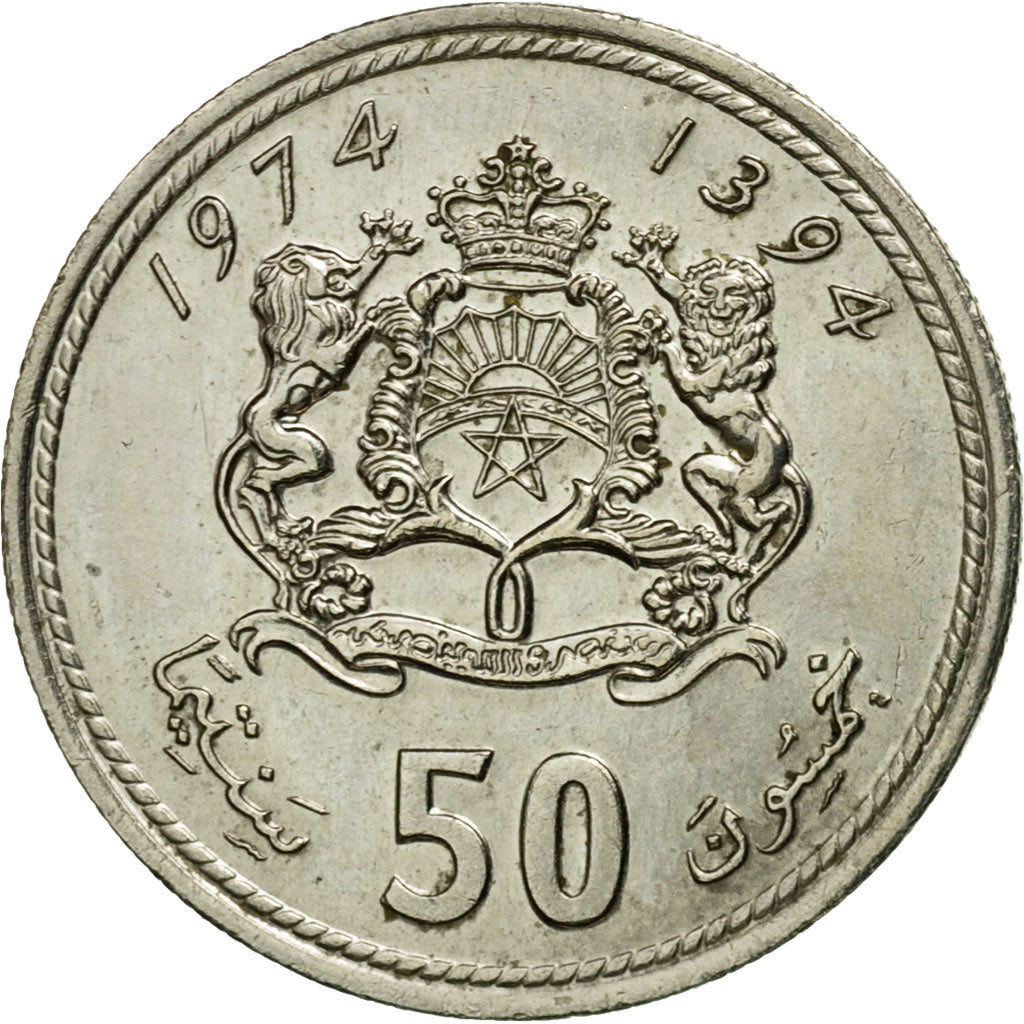 Coin, Morocco, al-Hassan II, 50 Santimat, 1974, Paris, EF(40-45), Copper-nickel