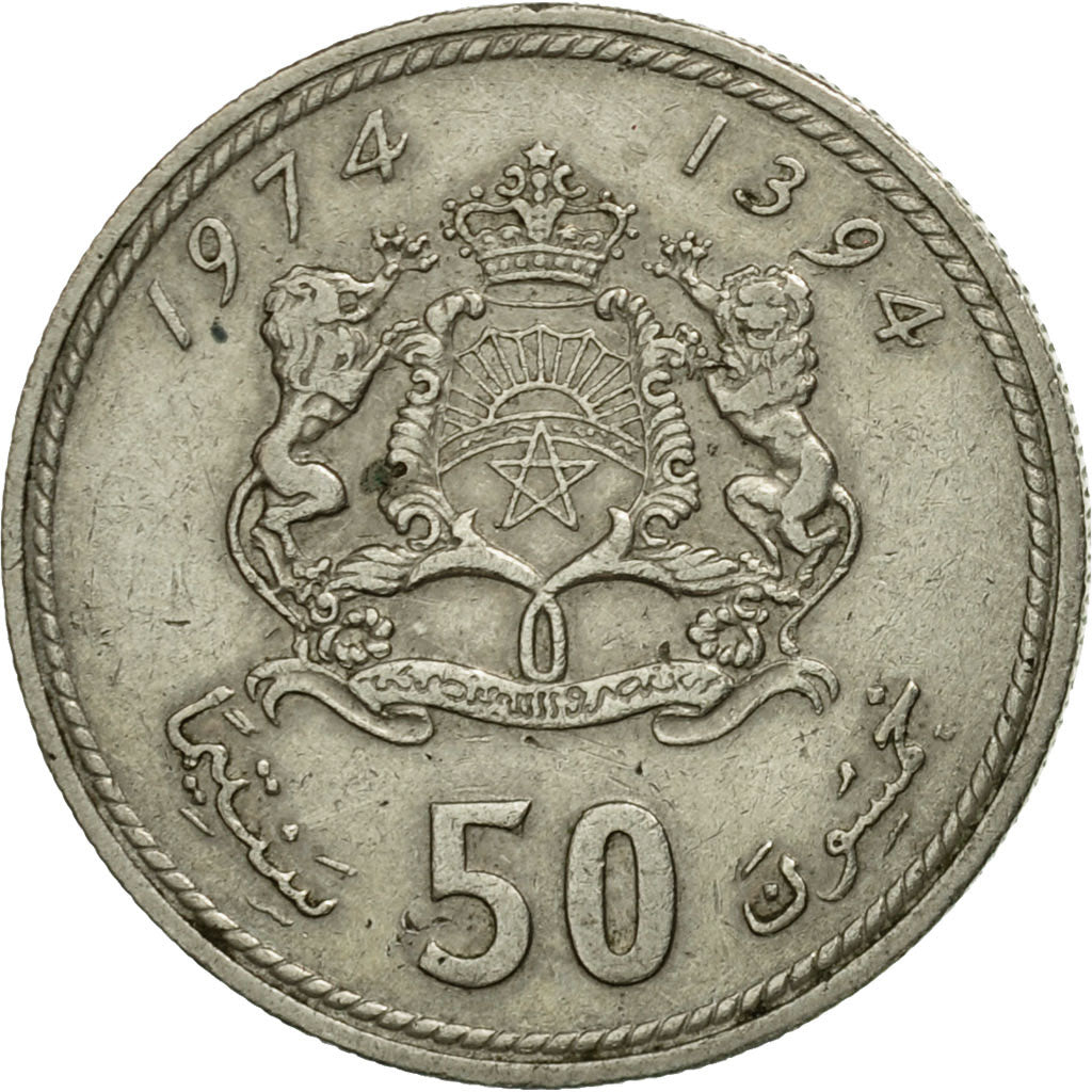 Coin, Morocco, al-Hassan II, 50 Santimat, 1974, Paris, VF(30-35), Copper-nickel