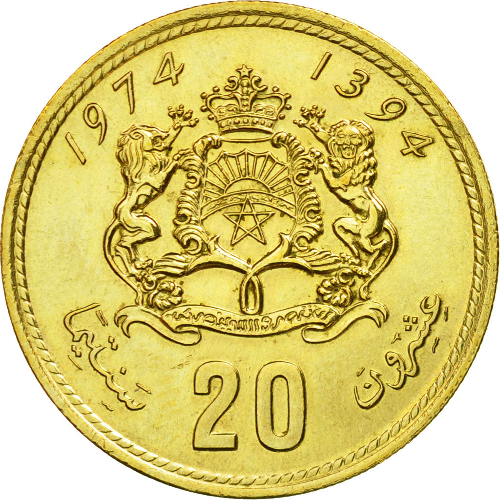 Moneda, Marruecos, al-Hassan II, 20 Santimat, 1974, Paris, MBC+, Aluminio -