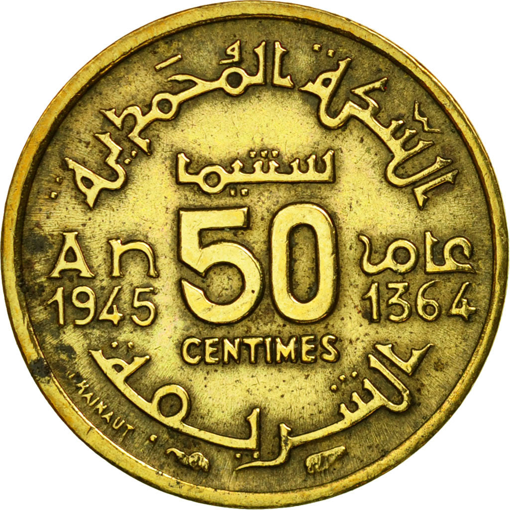 Coin, Morocco, Mohammed V, 50 Centimes, 1945, Paris, VF(30-35), Aluminum-Bronze
