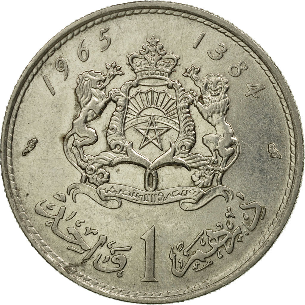 Coin, Morocco, al-Hassan II, Dirham, 1965, Paris, AU(50-53), Nickel, KM:56