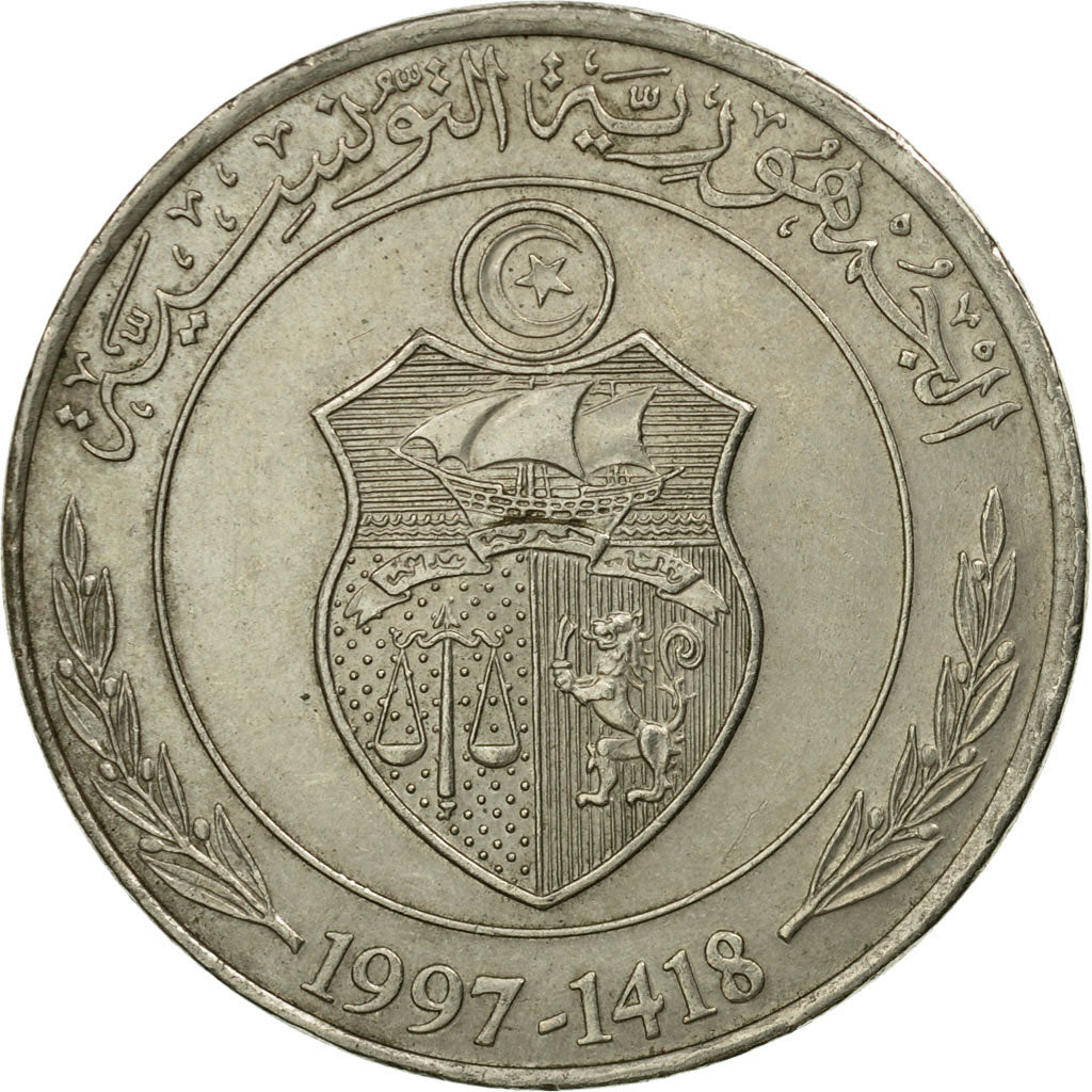 Coin, Tunisia, Dinar, 1997, Paris, VF(30-35), Copper-nickel, KM:347
