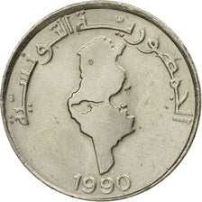 Coin, Tunisia, 1/2 Dinar, 1990, Paris, EF(40-45), Copper-nickel, KM:318