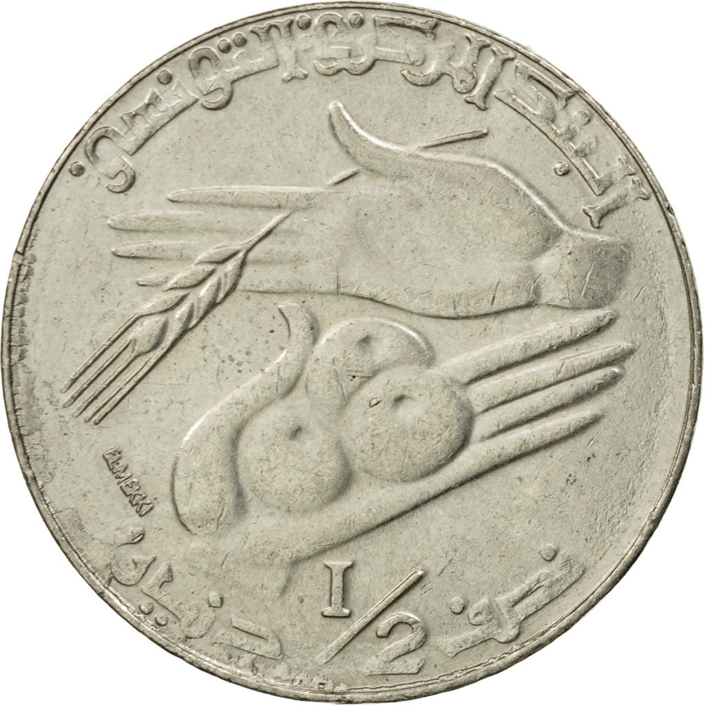 Coin, Tunisia, 1/2 Dinar, 1990, Paris, EF(40-45), Copper-nickel, KM:318