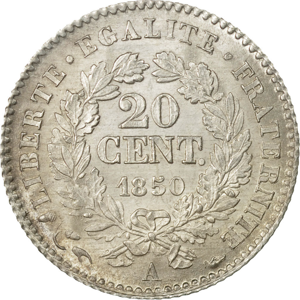 Moeda, França, Cérès, 20 Centimes, 1850, Paris, MS(63), Prata, KM:758.1