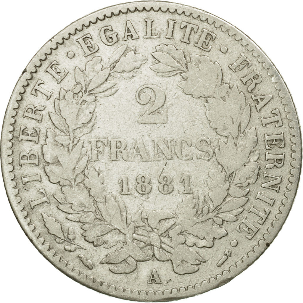 Coin, France, Cérès, 2 Francs, 1881, Paris, VF(30-35), Silver, KM:817.1, Le