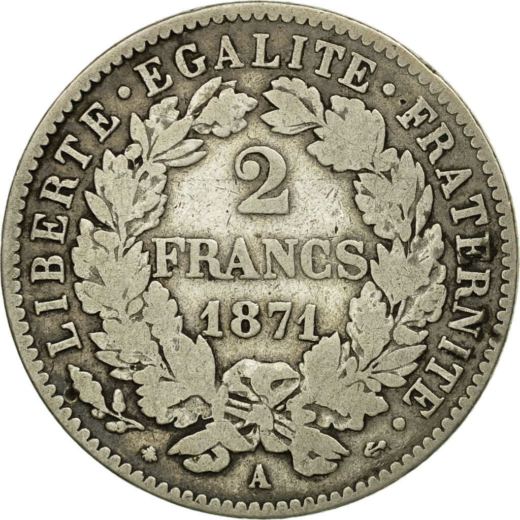 Coin, France, Cérès, 2 Francs, 1871, Paris, VF(30-35), Silver, KM:817.1, Le