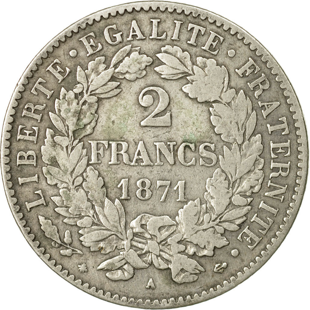 Coin, France, Cérès, 2 Francs, 1871, Paris, VF(30-35), Silver, KM:817.1, Le