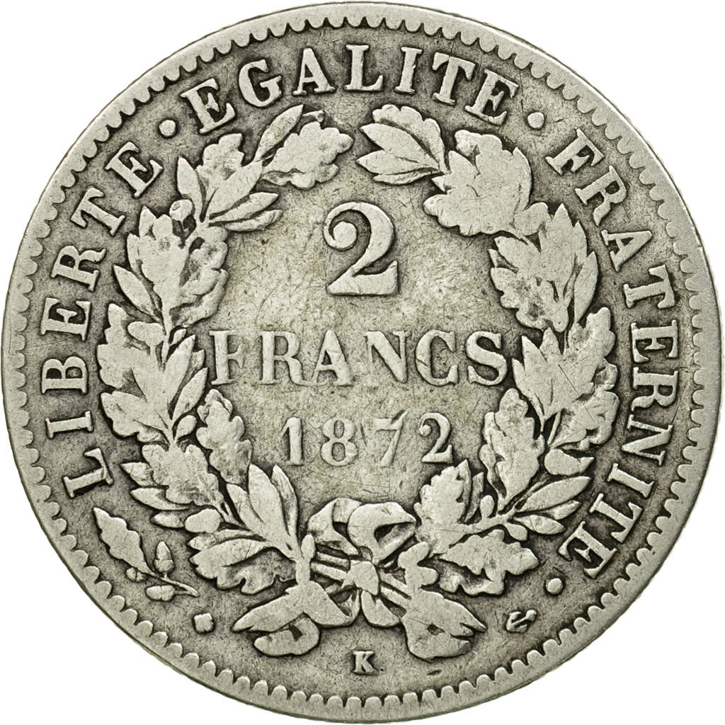 Coin, France, Cérès, 2 Francs, 1872, Bordeaux, VF(30-35), Silver, KM:817.2, Le