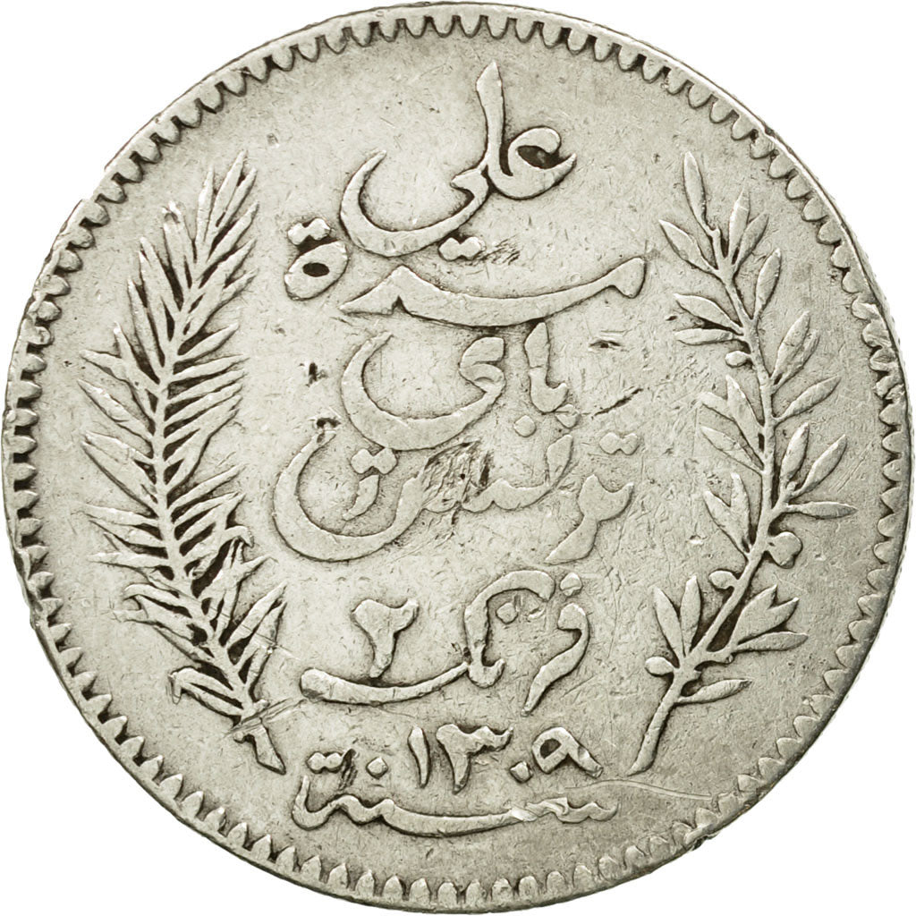 Coin, Tunisia, Ali Bey, 2 Francs, 1892, Paris, EF(40-45), Silver, KM:225