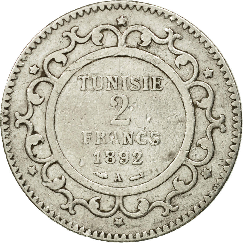Coin, Tunisia, Ali Bey, 2 Francs, 1892, Paris, EF(40-45), Silver, KM:225