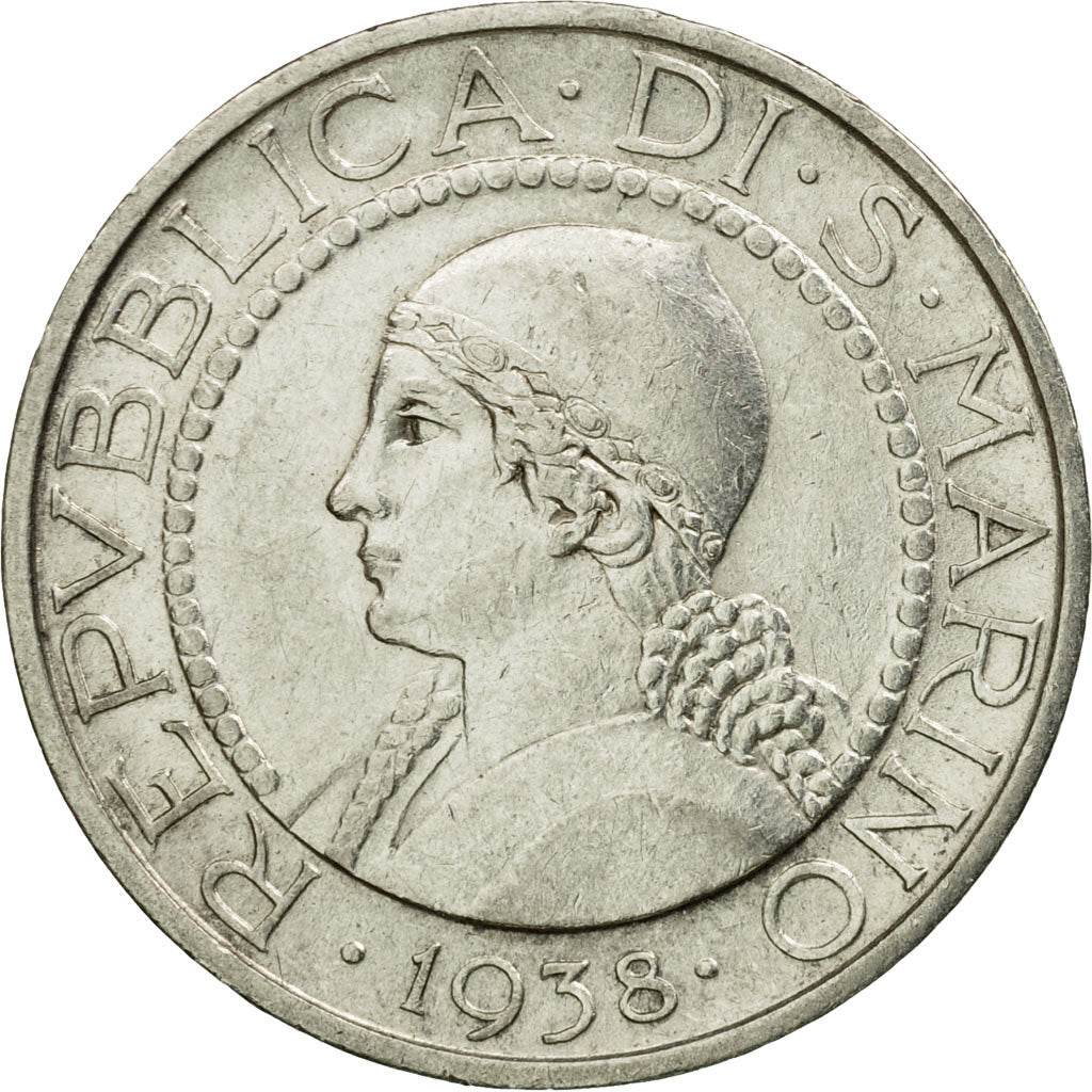 Coin, San Marino, 5 Lire, 1938, Rome, AU(55-58), Silver, KM:9