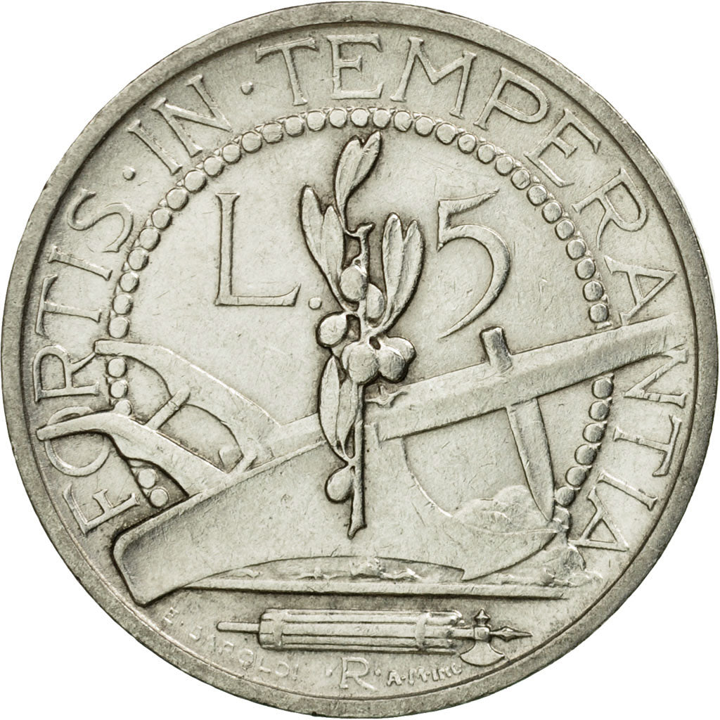 Coin, San Marino, 5 Lire, 1938, Rome, AU(55-58), Silver, KM:9