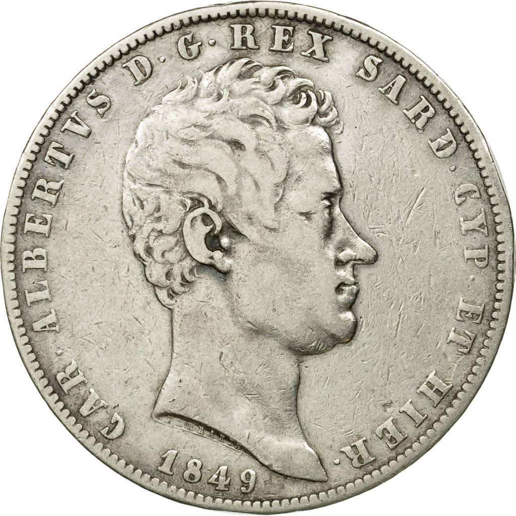 Moeda, ESTADOS ITALIANOS, SARDINIA, Carlo Alberto, 5 Lire, 1849, Genoa