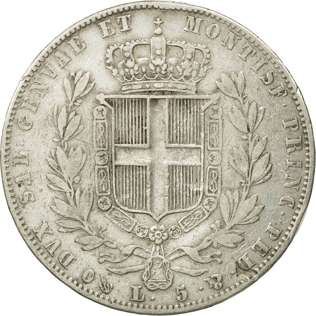 Moeda, ESTADOS ITALIANOS, SARDINIA, Carlo Alberto, 5 Lire, 1849, Genoa