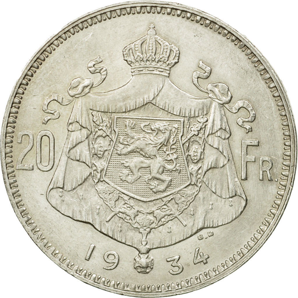 Coin, Belgium, 20 Francs, 20 Frank, 1934, MS(63), Silver, KM:104.1