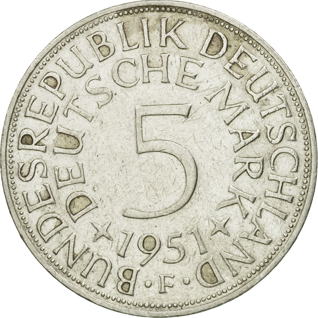 Coin, GERMANY - FEDERAL REPUBLIC, 5 Mark, 1951, Stuttgart, EF(40-45), Silver