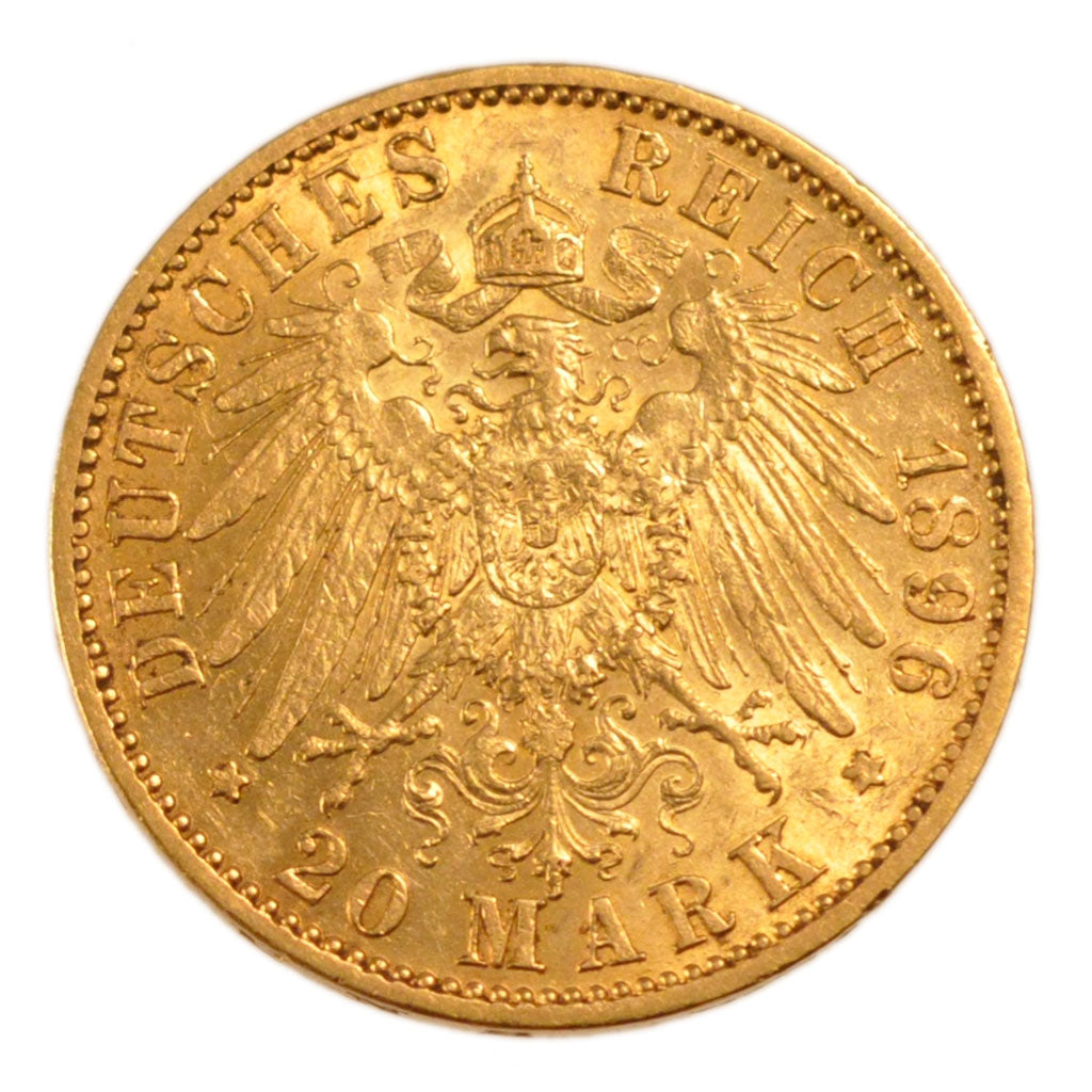 German States, 20 Mark, 1896, Berlin, KM #26, AU(50-53), Gold, 7.90