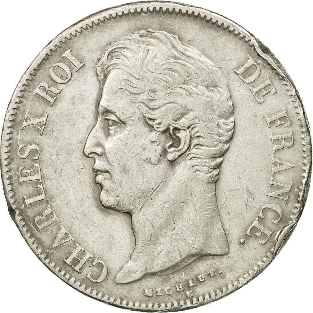 Moneta, Francia, Charles X, 5 Francs, 1828, Rouen, MB+, Argento, KM:728.2