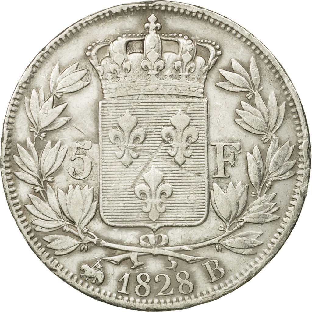 Moneta, Francia, Charles X, 5 Francs, 1828, Rouen, MB+, Argento, KM:728.2