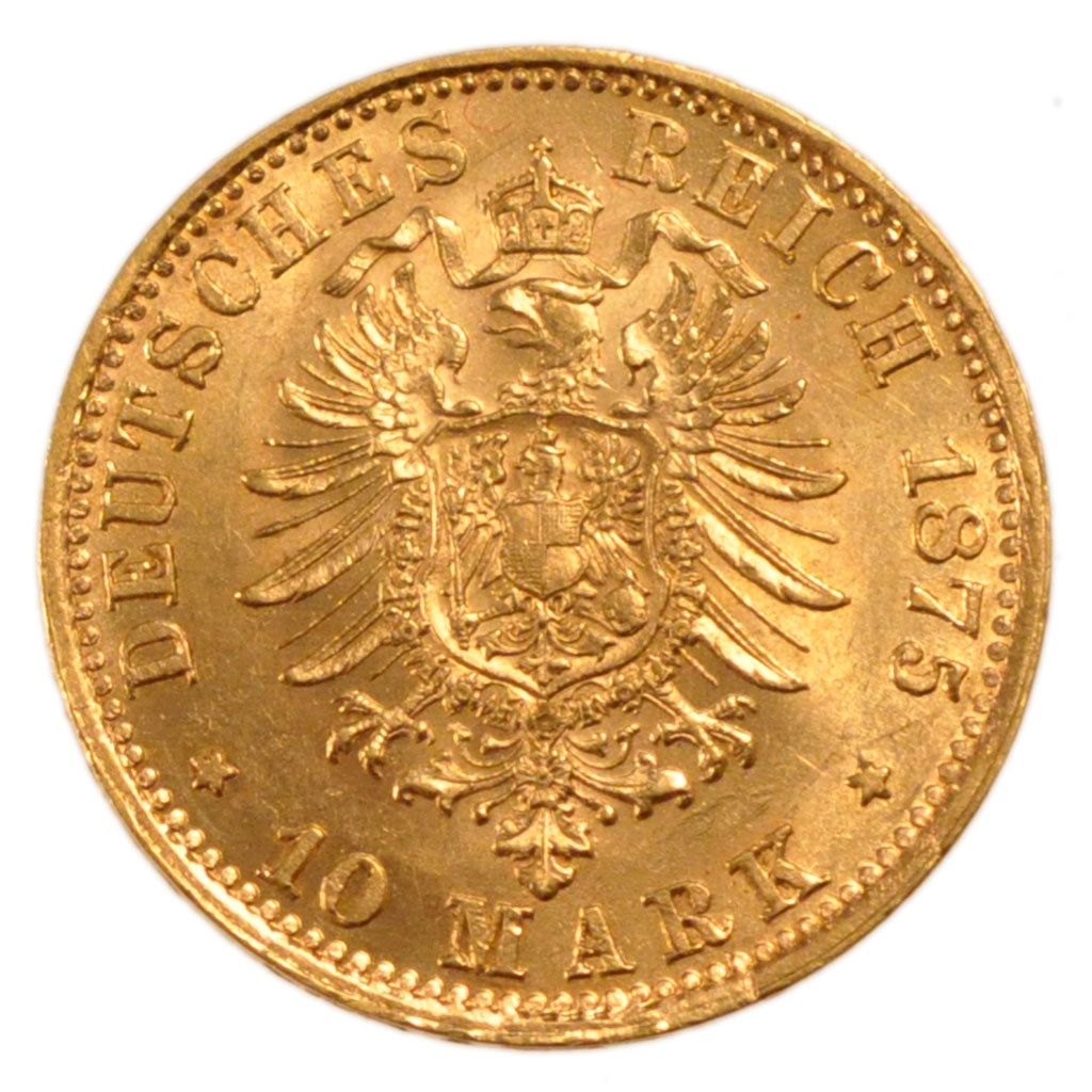 German States, 10 Mark, 1875, Munich, KM #503, MS(60-62), Gold, 4.10