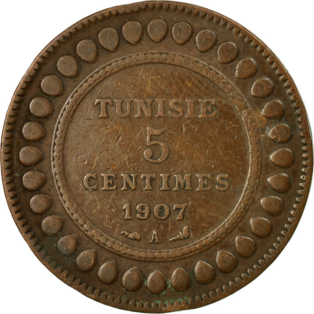 Coin, Tunisia, Muhammad al-Nasir Bey, 5 Centimes, 1907, Paris, EF(40-45)